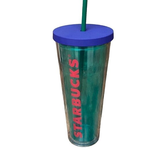 RARE Starbucks Coffee Tumbler Clear Teal w/ Clear Teal Straw Navy Lid 2014 - Picture 2 of 3
